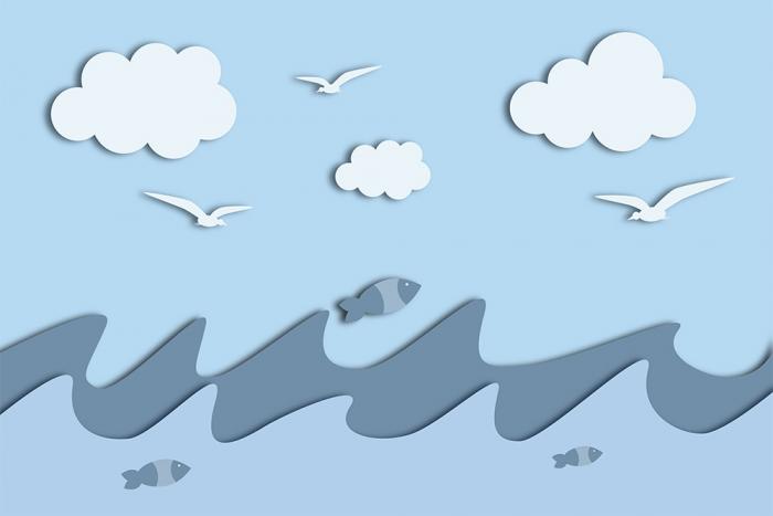 Kinderzimmer 3D-Fototapete mit dem Meer, Wellen und Vögel am Himmel