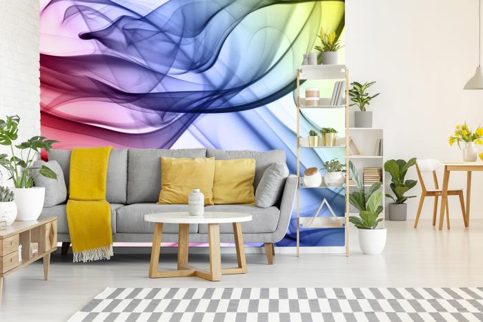 Vlies-Fototapete abstrakter Formen von Rauch in bunten Farben im Wohnzimmer