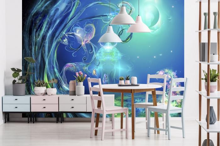 Vlies-Fototapete Zauberwald mit Fantasieformen und Blumen im Wohnzimmer