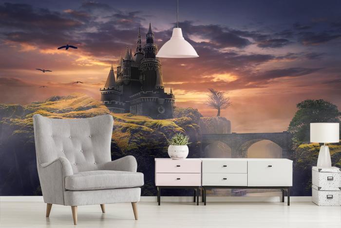 Fantasy Fototapete mit einem Schloss auf einem Berg