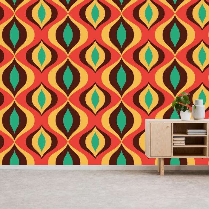 Mustertapete aus Vliesmaterial mit einem 70er-Jahre-Design im Retro-Stil