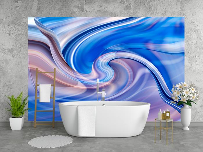 Fototapete abstraktes Design mit Formen in Blau und Violett in einem Badezimmer