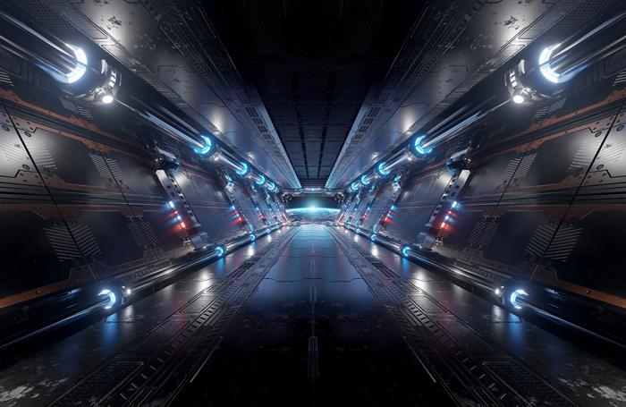 3D-Fototapete dunkler Korridor im Raumschiff