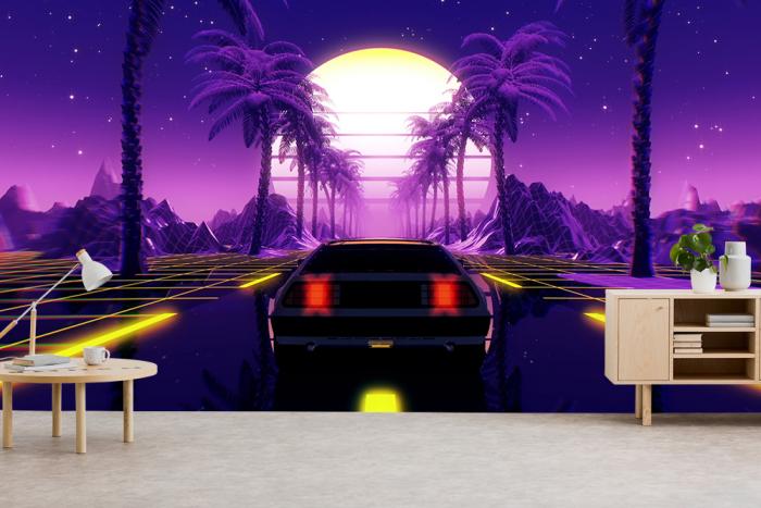 80er-Jahre-Fototapete Sportwagen auf Palmen-Allee