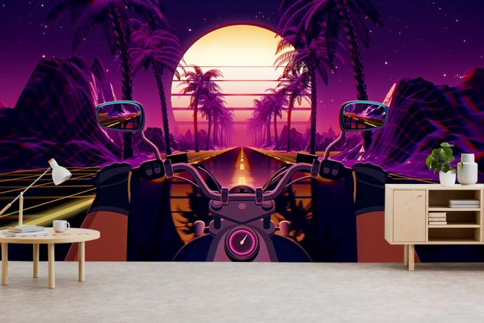 Vlies-Fototapete – Biker auf einer Palmen-Alle im 80er-Jahre-Stil