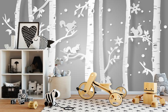 Kinderzimmer Tapete mit Eichhörnchen auf Birken