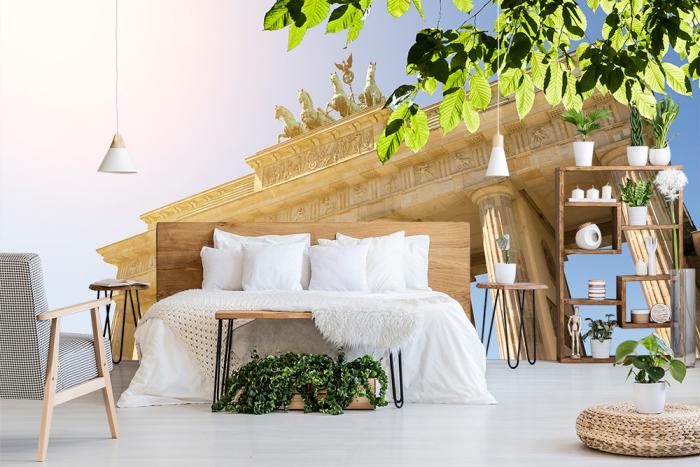 fototapete, bildtapete, tapete, blätter, grüne, brandenburger tor, berlin, berliner, deutschland, sonnenbeleuchtetes, frühling, stadt, vlies, vliestapete, selbstklebend, bildtapete