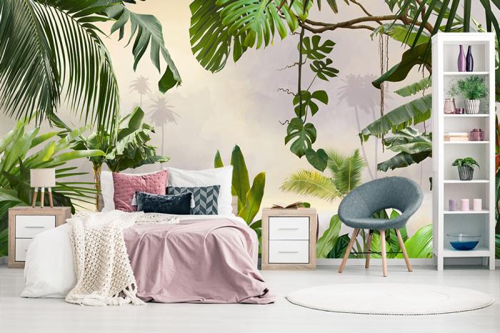 Fototapete Dschungel mit Palmenblättern und Bananenblättern