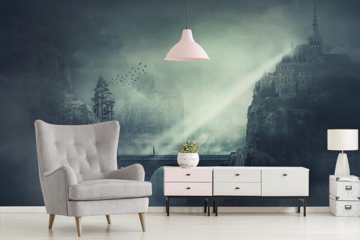 Fantasy Fototapete mit einem Schloss auf einem Berg