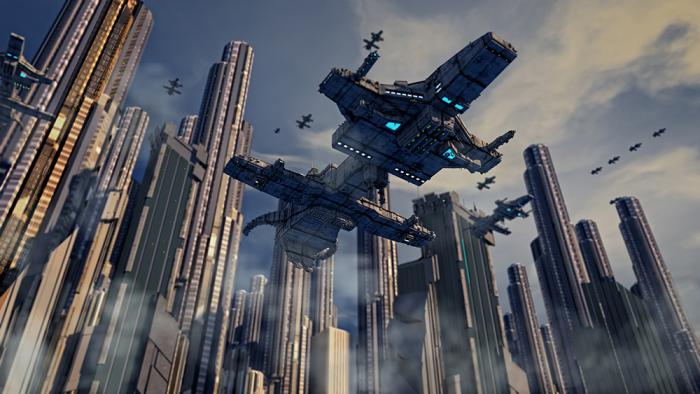 Fototapete futuristische Alienstadt mit Raumschiffen