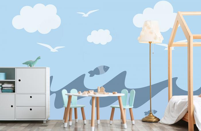 Kinderzimmer Fototapete mit einer Illustration vom Meer mit Wellen und Fischen