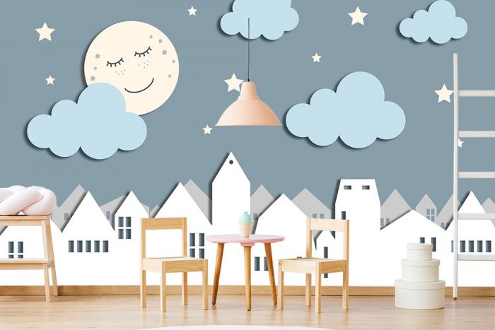 Kinderzimmer Fototapete schlafender Mond über einer Stad