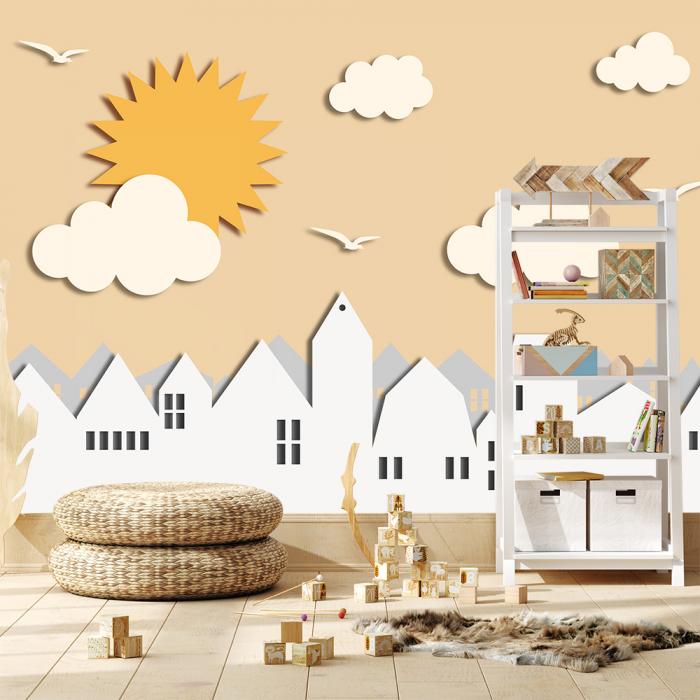 Kinderzimmer Tapete scheinende Sonne über einer Stadt