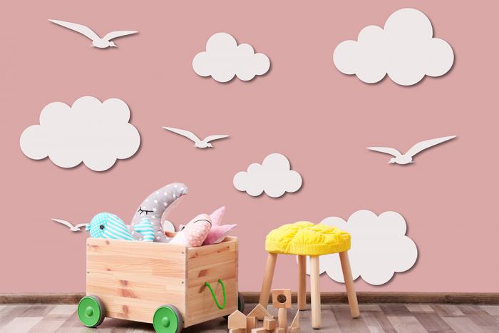 Kinderzimmer Tapete mit einem Rosa Himmel mit Wolken und Möwen