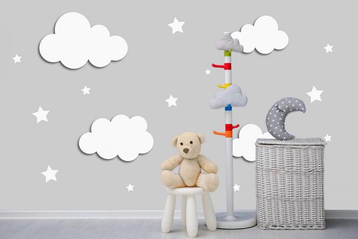 Fototapete für Kinderzimmer mit weißen Wolken auf Grau