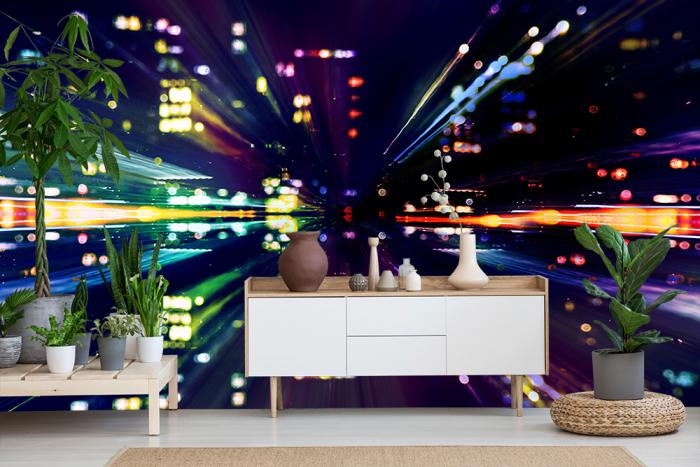 Fototapete Bunte Lichtstrahlen von Großstadtlichtern in 3D-Optik