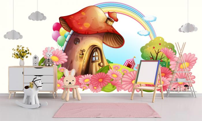 Fototapete Pilzhaus in Blumenlandschaft