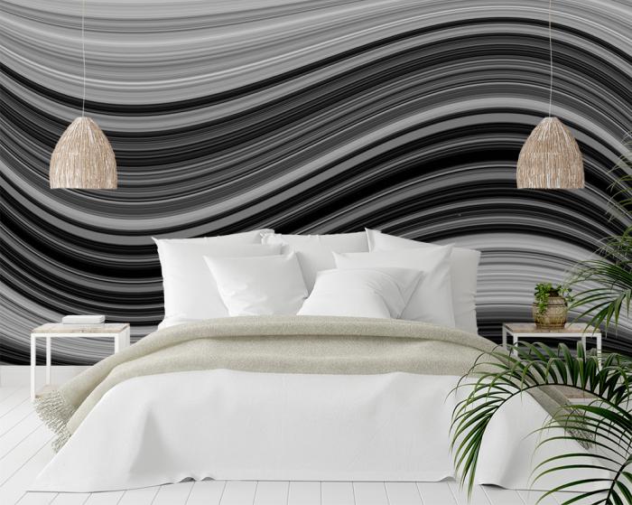 Vlies-Fototapete schwarzweißes Wellendesign in einem Schlafzimmer