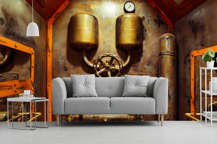 Steampunk Fototapete Raum mit Druckmessern und Dampfrohren