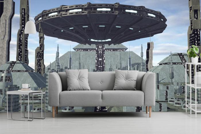 Fototapete Science-Fiction Stadt mit Ufo