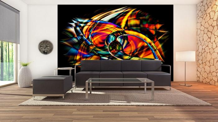 Vlies-Fototapete buntes abstraktes Skater-Design in einem modernen Wohnzimmer