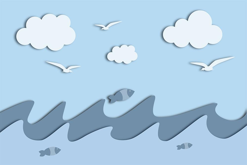 Kinderzimmer 3D-Fototapete mit dem Meer, Wellen und Vögel am Himmel