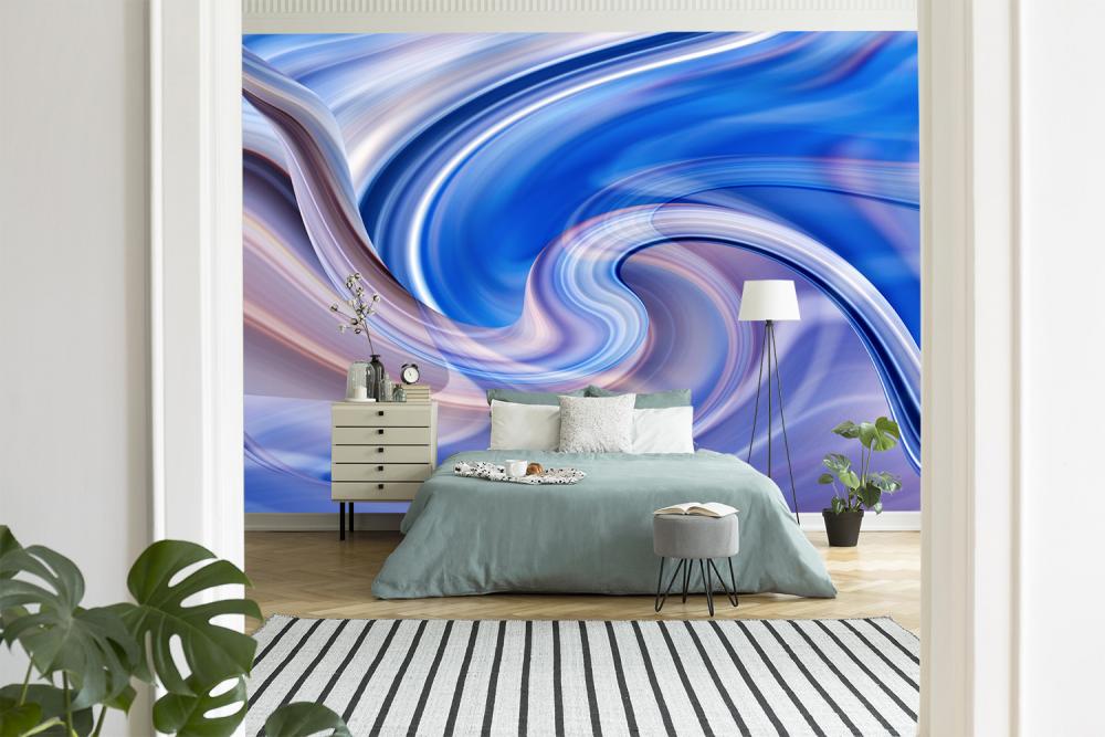Fototapete abstrakte Formen in Violett und Blau in einem Schlafzimmer