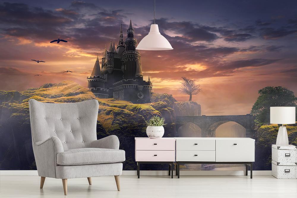Fantasy Fototapete mit einem Schloss auf einem Berg