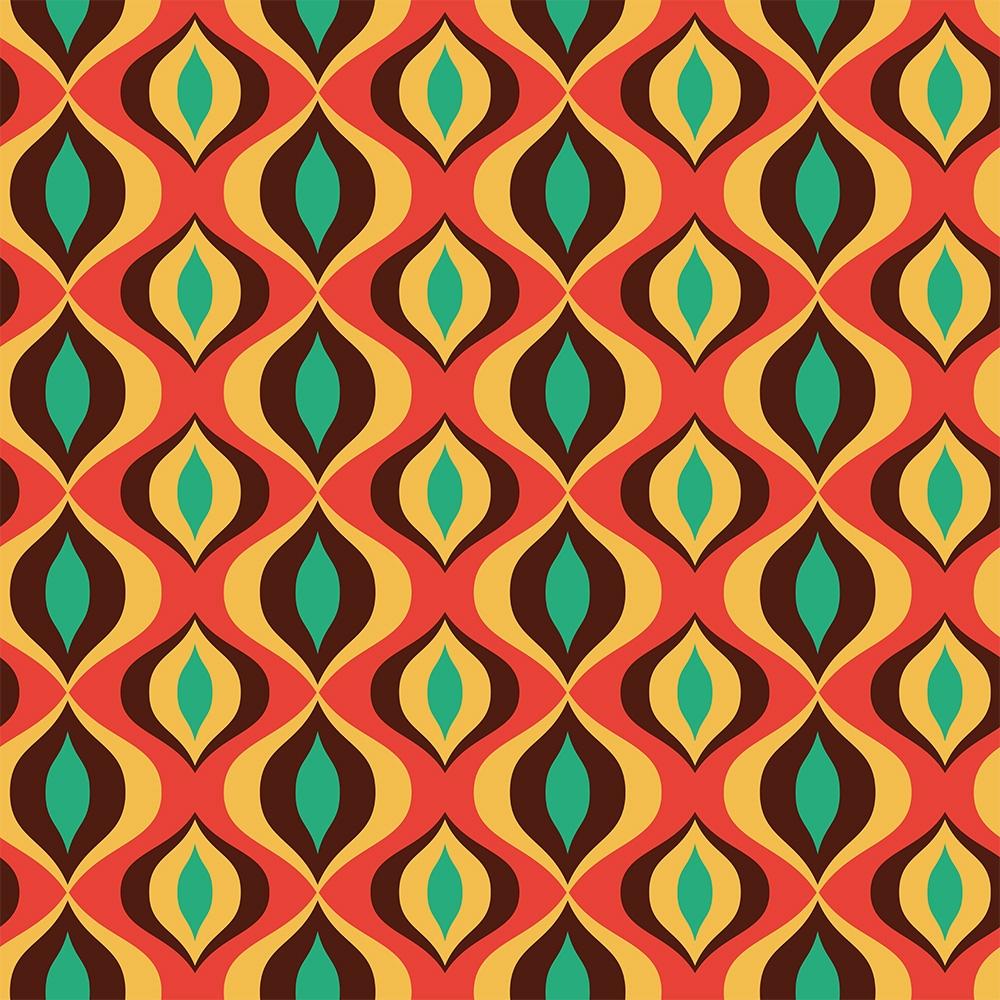 Mustertapete aus Vlies mit einem schrillen 70er-Jahre Muster in bunten Farben