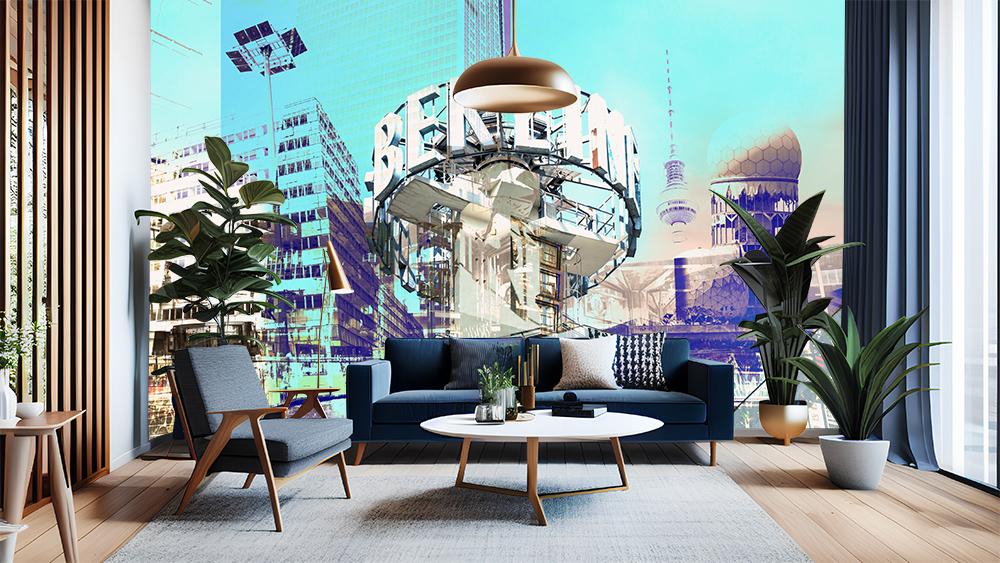 Fototapete mit einer Collage von Berlin in Türkis