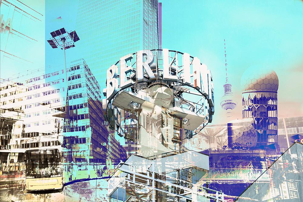 Vlies-Fototapete – Collage von Berlin am Alexanderplatz in Türkisfarben