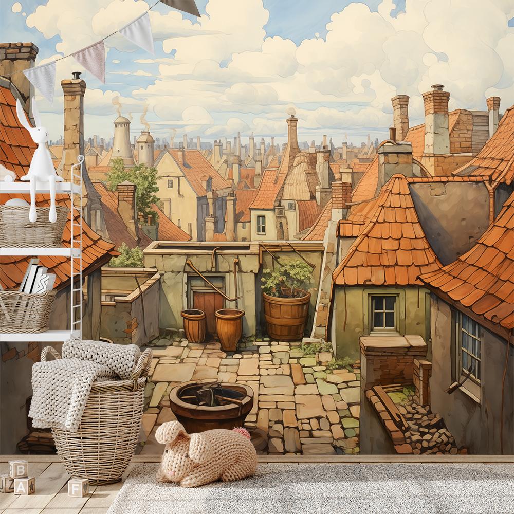 KI-Fototapete – Über den Dächern einer Märchenstadt für Kinderzimmer