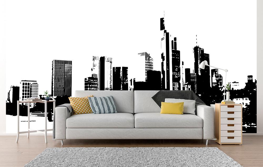 Vlies-Fototapete in Schwarz-Weiß von der Frankfurter Skyline in einem Wohnzimmer