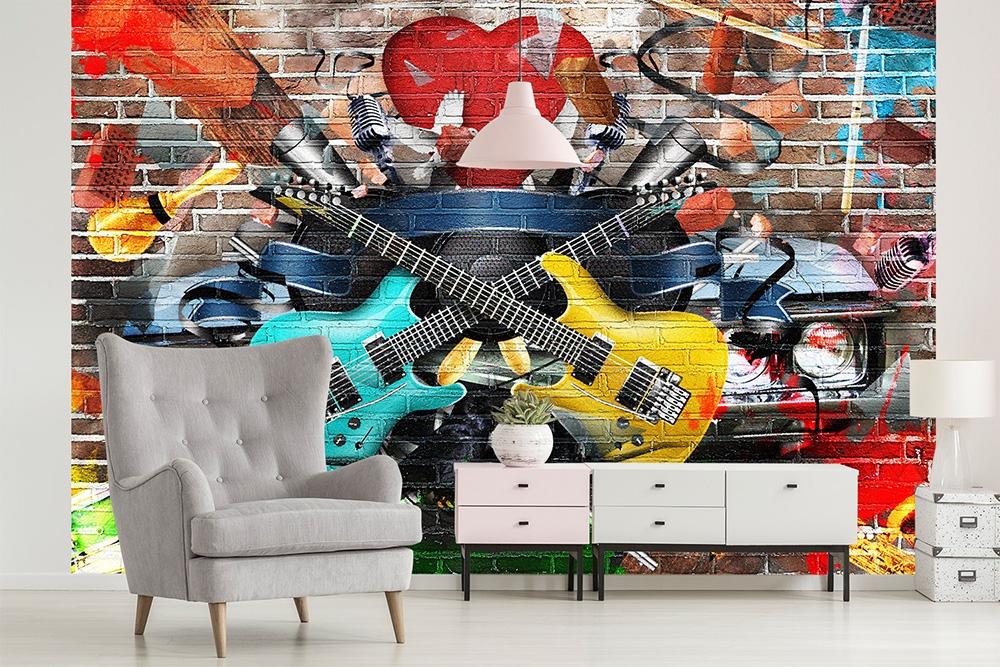 Fototapete aus Vlies – Gitarren, Saxophon, Trommel und Auto