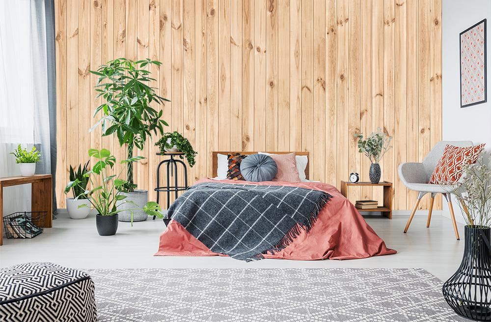 Fototapete aus Vlies mit einer Holzwand in Schlafzimmer