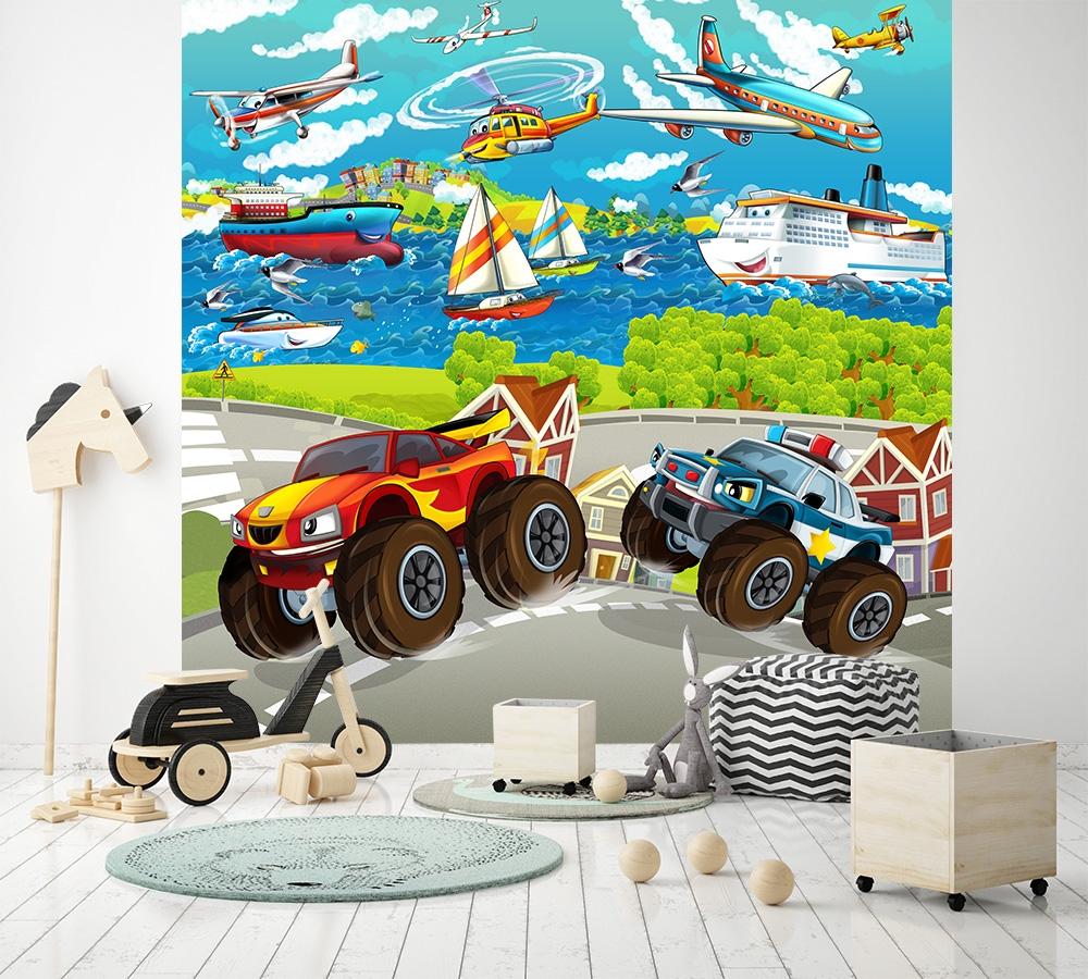 Fototapete für Jungs mit Monster Trucks, Flugzeugen und Schiffen