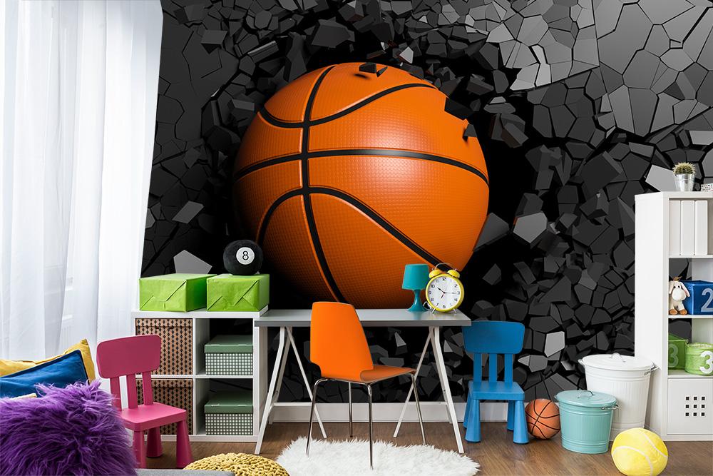 Fototapete Basketball fliegt durch schwarze Wand