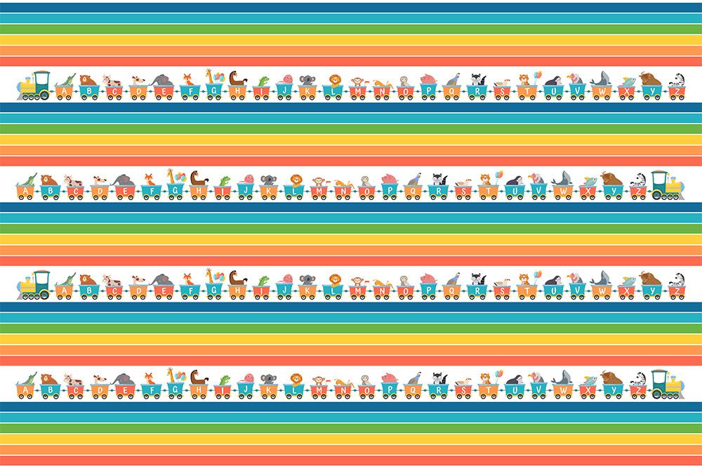 Kinder Tapete mit bunten Streifen und dem ABC auf einer Eisenbahn
