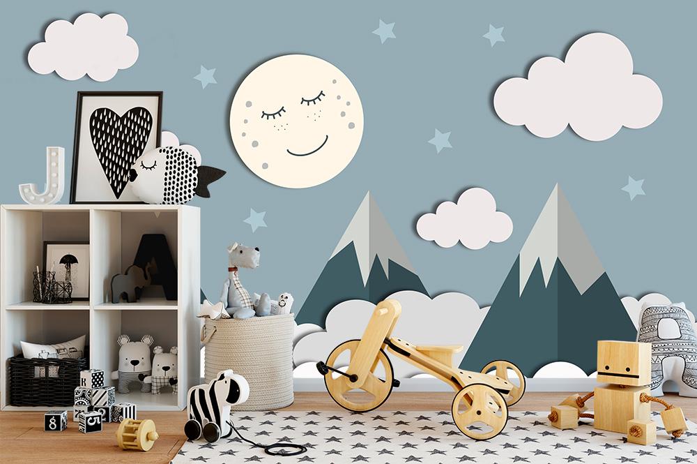 Fototapete Kinderzimmer schlafender Mond über den Bergen