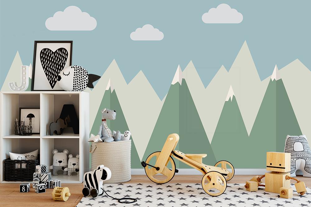 Fototapete Kinderzimmer mit Bergen und Wolken am Himmel
