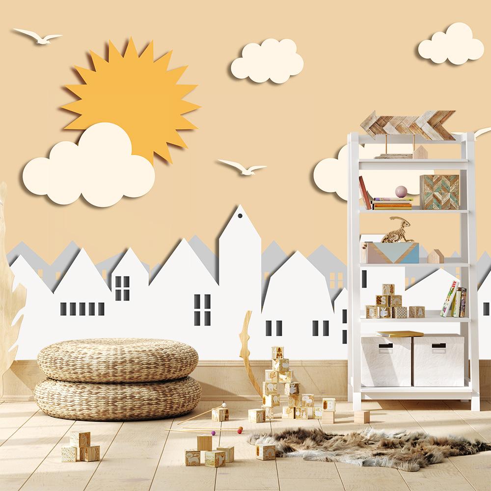 Kinderzimmer Tapete scheinende Sonne über einer Stadt