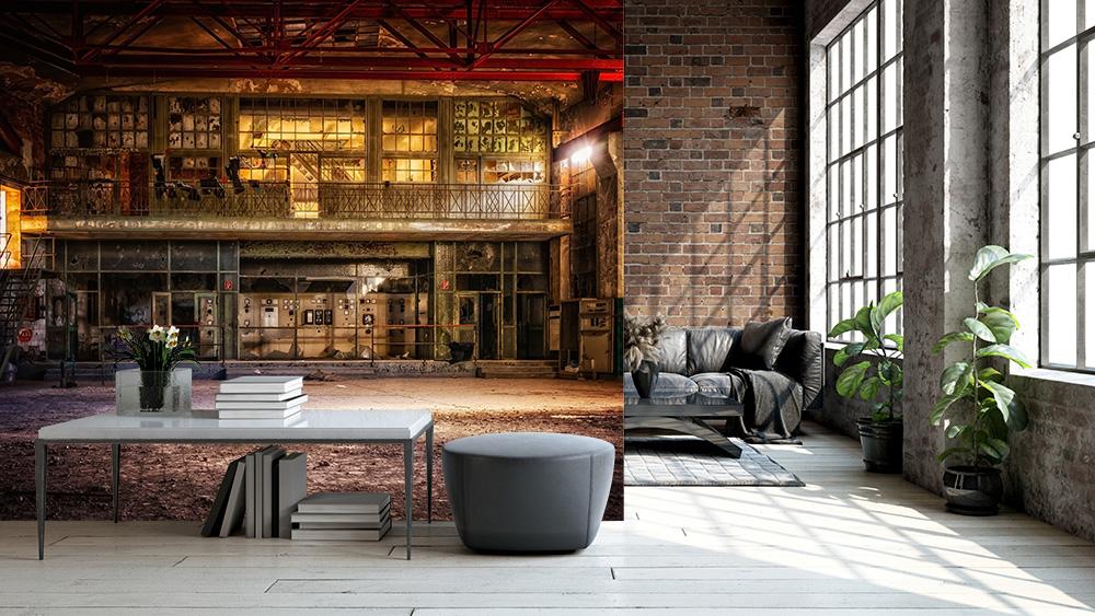 Lost Place Fototapete mit Bedienelementen in einer Fabrik