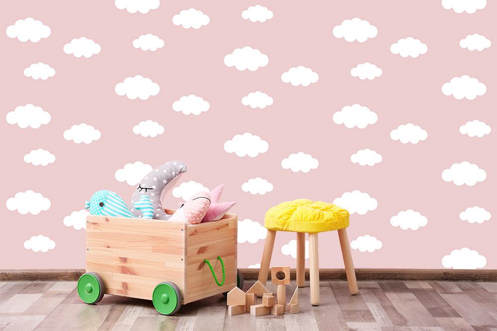 Fototapete mit Wolken im Muster auf Rosa für Mädchenzimmer