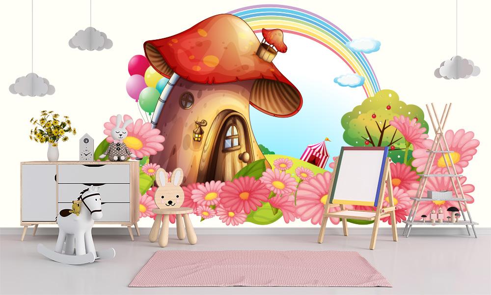 Fototapete Pilzhaus in Blumenlandschaft