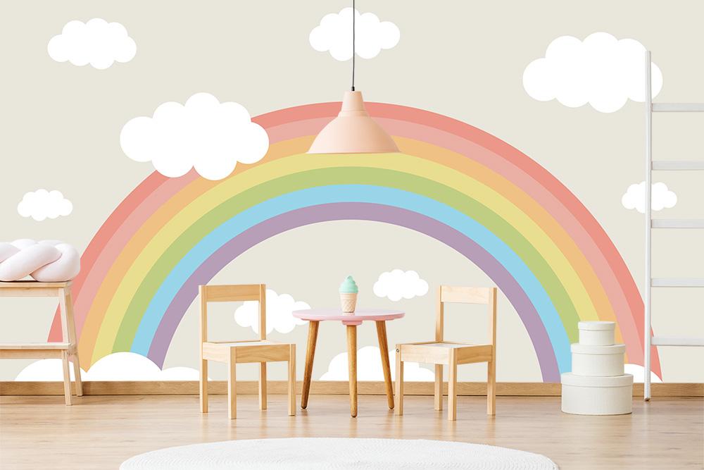 Kinderzimmer Fototapete mit einem Regenbogen und Wolken