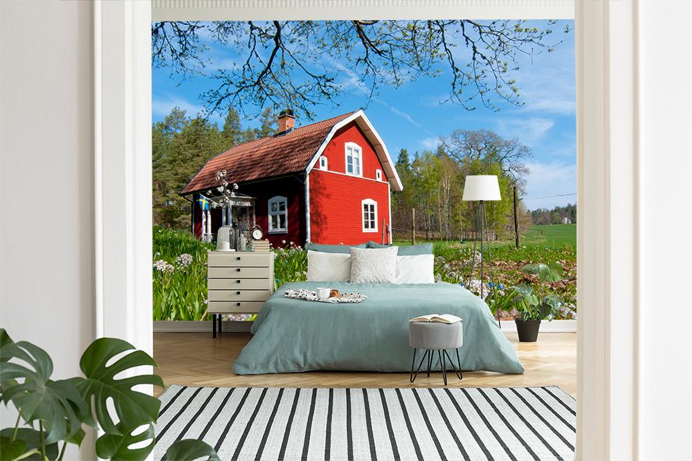 Fototapete rotes Holzhaus in Schweden