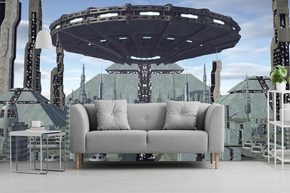 Fototapete Science-Fiction Stadt mit Ufo