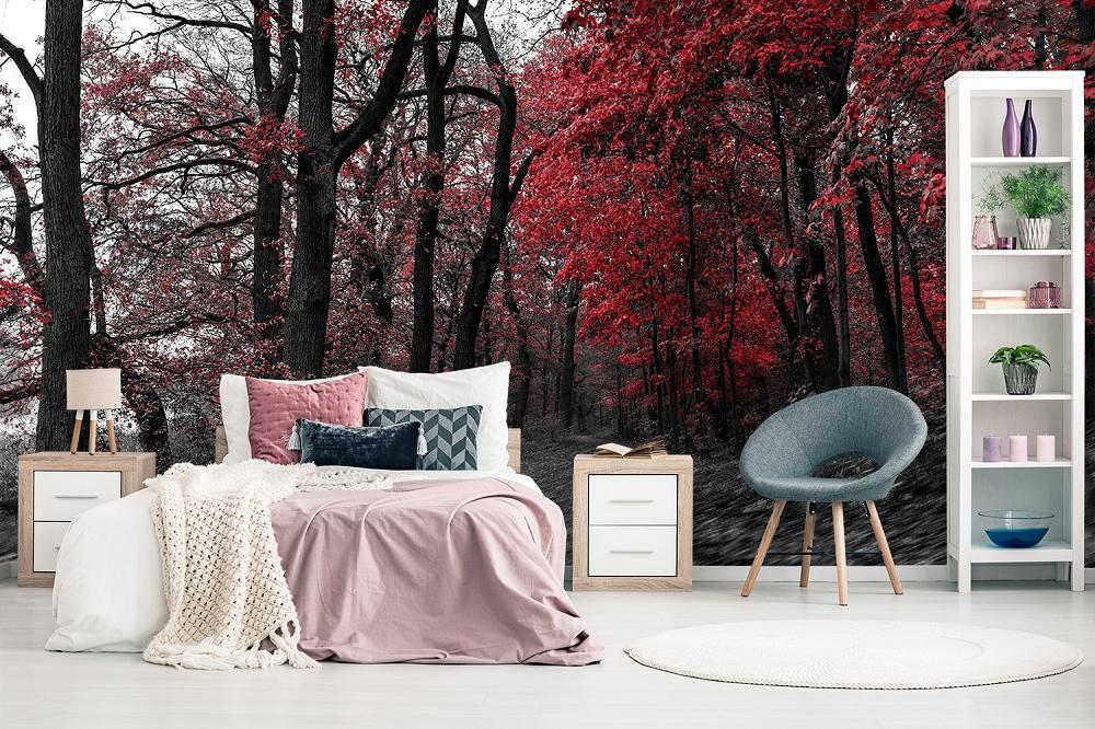 Fototapete rote Blätter im Wald