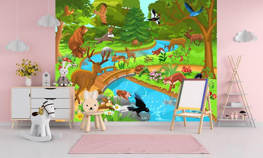 Fototapete Waldtiere an Wasserstelle