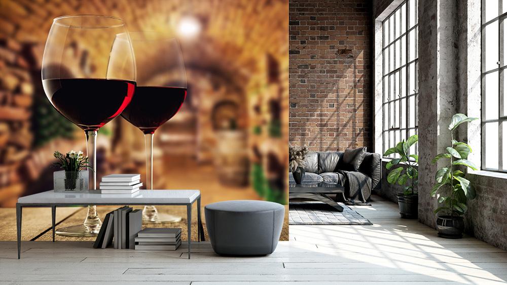 Fototapete Rotweingläser im Weinkeller